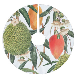 Saia Para Árvore De Natal De Poliéster Duriano tropical com aquarela, padrão de manga.