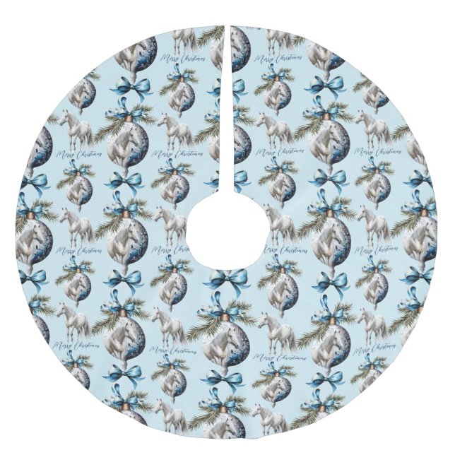 Saia Para Árvore De Natal De Poliéster Elegante azul-natalino equestre branco (Frente)