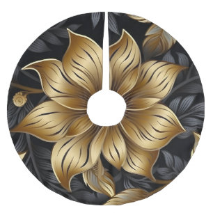 Saia Para Árvore De Natal De Poliéster Elegante Desenho Floral em Dourado Preto Natal
