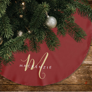 Saia Para Árvore De Natal De Poliéster Elegante Monograma Moderno em Script Vermelho e Do
