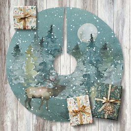 Saia Para Árvore De Natal De Poliéster Elk Majestoso na Floresta com Lua Cheia e Neve