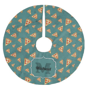 Saia Para Árvore De Natal De Poliéster Fatias de pizza legais padrão vintage azul-teal Mo