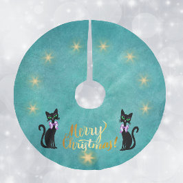 Saia Para Árvore De Natal De Poliéster Feliz Natal dourado Gatos pretos Laços Rosa Estrel