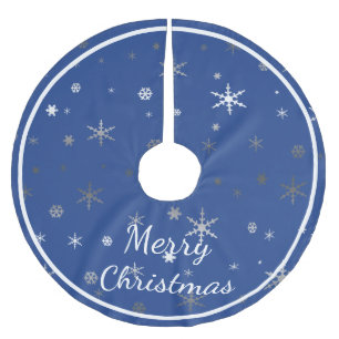 Saia Para Árvore De Natal De Poliéster Feliz Natal no azul com flocos de neve