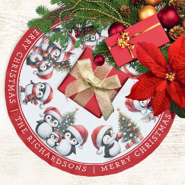 Saia Para Árvore De Natal De Poliéster Feliz Natal Pinguins Nome da Família Branco e Verm