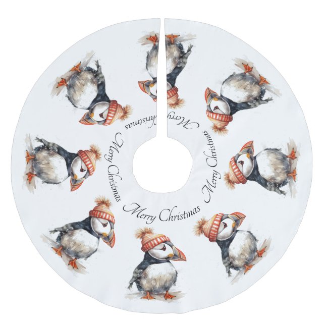 Saia Para Árvore De Natal De Poliéster Feliz Puffin, personalizado (Frente)