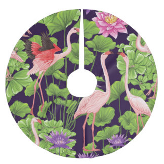 Saia Para Árvore De Natal De Poliéster Flamingo, plantas tropicais, fundo negro.