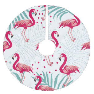 Saia Para Árvore De Natal De Poliéster Flamingo tropical e folhas, padrão de verão.