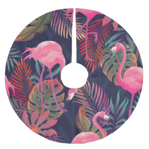 Saia Para Árvore De Natal De Poliéster Flamingo tropical: padrão de palma de vintage.