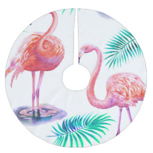 Saia Para Árvore De Natal De Poliéster Flamingos Tropicais: Orquídeas Aquarela Sem Olho.