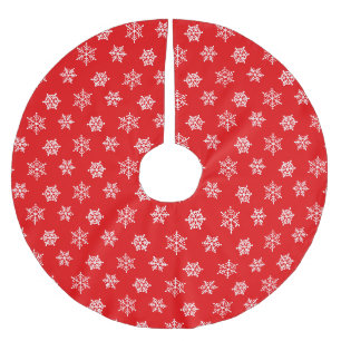 Saia Para Árvore De Natal De Poliéster Flocos de Neve Brancos Elegantes no Vermelho