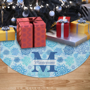 Saia Para Árvore De Natal De Poliéster Flocos de neve Monograma Nome Watercolor Azul