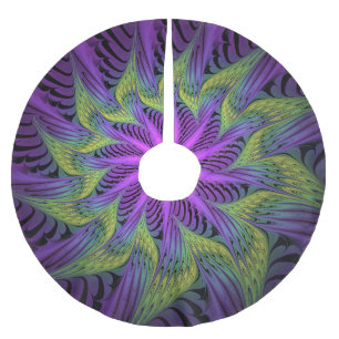 Saia Para Árvore De Natal De Poliéster Flor de Arte Fractal Abstrata Moderna Roxa Verde