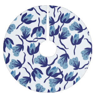Saia Para Árvore De Natal De Poliéster Floral Azul Pansy: Sem Costura Desenhada À Mão.