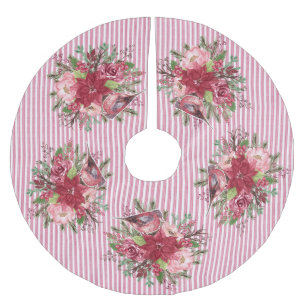 Saia Para Árvore De Natal De Poliéster Floral de Cranberry com Listras de Ticking Flor de