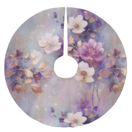 Saia Para Árvore De Natal De Poliéster Flores Douradas brancas roxas