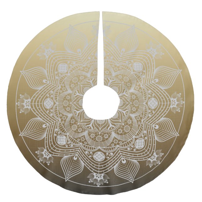Saia Para Árvore De Natal De Poliéster Flores, Folhas, Palácio Branco Mandala em Dourado (Frente)