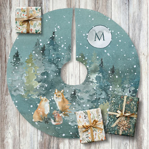 Saia Para Árvore De Natal De Poliéster Floresta da Família Fox Luar Cheio de Neve Monogra
