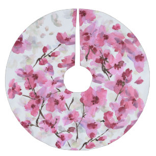 Saia Para Árvore De Natal De Poliéster Fogueira Rosa Blossoms Aquarela Sem Olho.