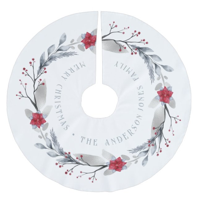 Saia Para Árvore De Natal De Poliéster Folhagem Festiva Silver Red Wreath Elegante (Frente)