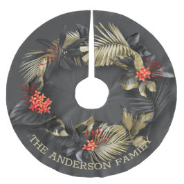 Saia Para Árvore De Natal De Poliéster Folhagem tropical exótica em preto e Dourado