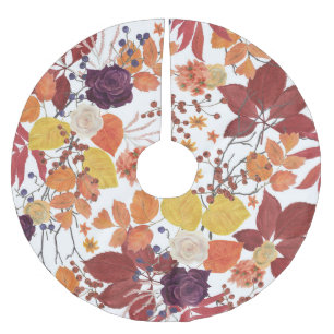 Saia Para Árvore De Natal De Poliéster Folhas e Rosas de Aquarela do outono