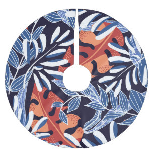 Saia Para Árvore De Natal De Poliéster Folhas tropicais coloridas com fundo azul