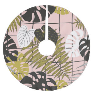 Saia Para Árvore De Natal De Poliéster Folhas tropicais, flores, padrão pintado à mão.