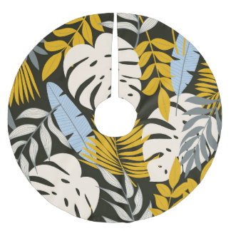 Saia Para Árvore De Natal De Poliéster Folhas tropicais: padrão de colheita escura.