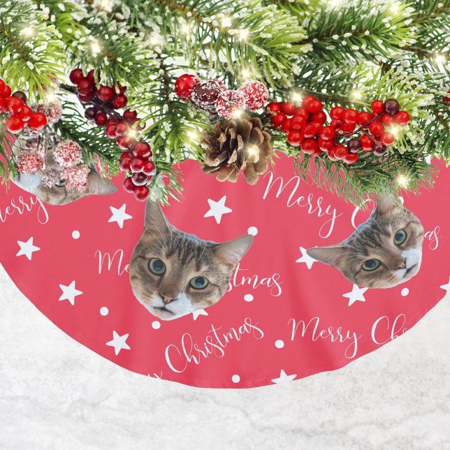 Saia Para Árvore De Natal De Poliéster Foto de Gato Engraçado, Natal Vermelho (Funny Cat Photo Red Christmas Brushed Polyester Tree Skirt
)
