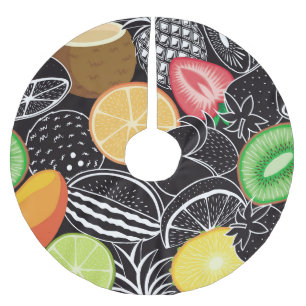 Saia Para Árvore De Natal De Poliéster Frutas tropicais coloridas, fundo preto.