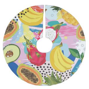 Saia Para Árvore De Natal De Poliéster Frutas Tropicais, Padrão De Vintage Invisível.