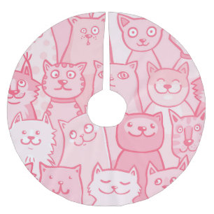 Saia Para Árvore De Natal De Poliéster Gatos Cor-De-Rosa, Padrão Adorável Sem Olhos.