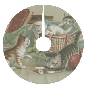 Saia Para Árvore De Natal De Poliéster Gatos Vitorianos Antigos Brincando na Cesta de Cos