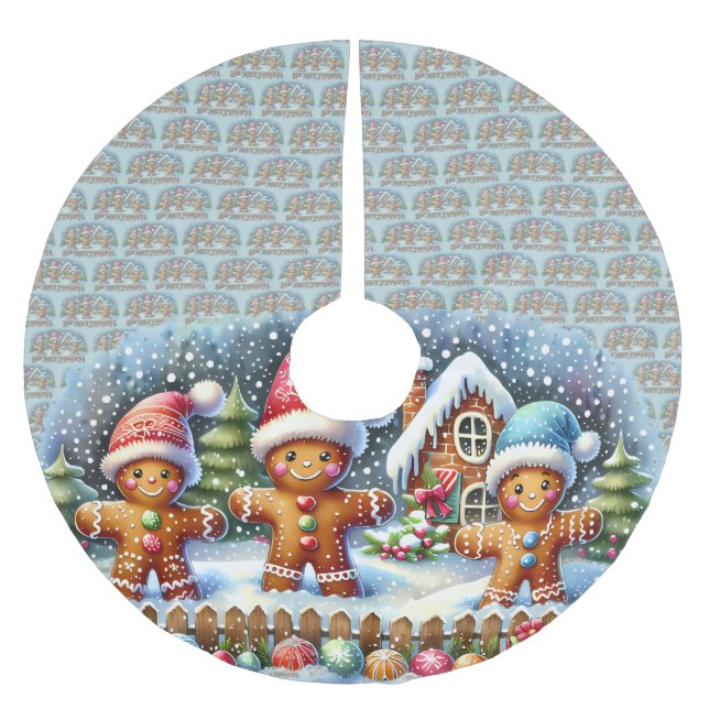 Saia Para Árvore De Natal De Poliéster Gingerbread Family Snowy Christmas Scene (Frente)