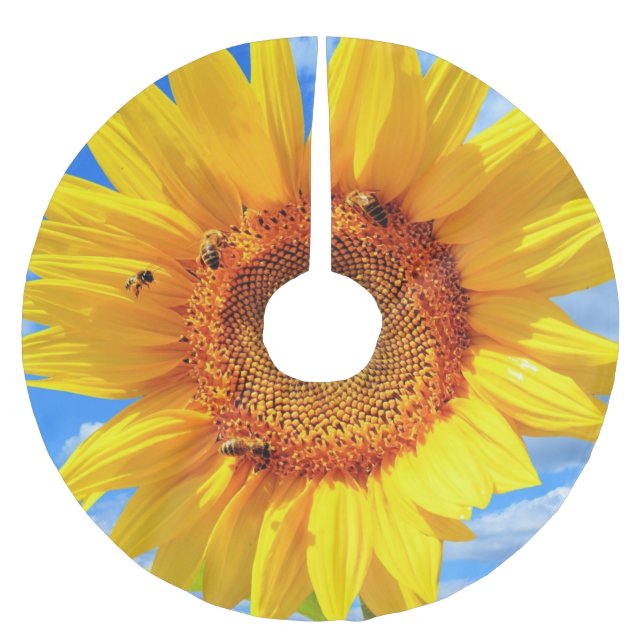 Saia Para Árvore De Natal De Poliéster Girassol e abelhas Camisa de Natal (Frente)