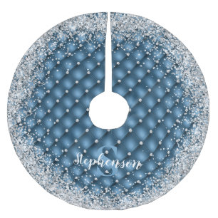 Saia Para Árvore De Natal De Poliéster Glitter de Prata de Diamante Tufado com Teal Monog
