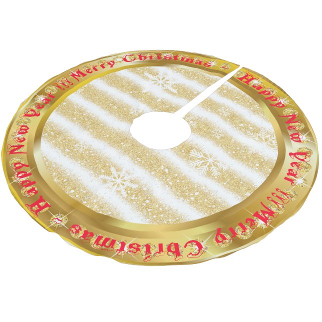 Saia Para Árvore De Natal De Poliéster Glitter Dourado Floco de Neve Branco (Inclinado)