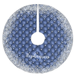 Saia Para Árvore De Natal De Poliéster Glitter Silver Diamante Azul Monograma