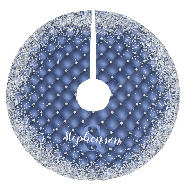 Saia Para Árvore De Natal De Poliéster Glitter Silver Diamante Azul Monograma (Frente)