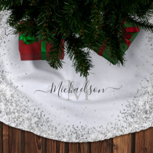 Saia Para Árvore De Natal De Poliéster Grelha de Glitter de Silver do Monograma
