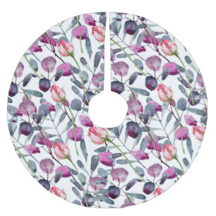 Saia Para Árvore De Natal De Poliéster Herbos de Campo Rosebuds Padrão de Aquarela