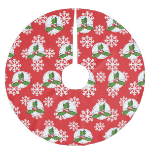 Saia Para Árvore De Natal De Poliéster Holly Berry sobre Padrões de Neve Brancos Vermelho