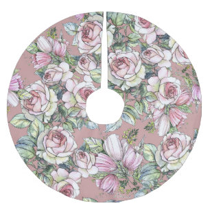 Saia Para Árvore De Natal De Poliéster Jardim de Aquarelas: Elegância de Tulipas de Rosa.