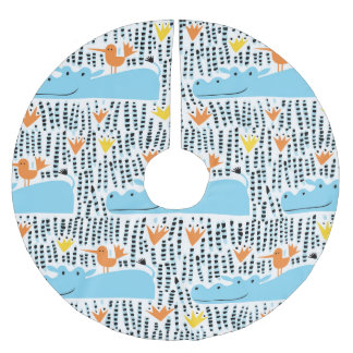Saia Para Árvore De Natal De Poliéster Lago Hippos Birds: Padrão Vintage.