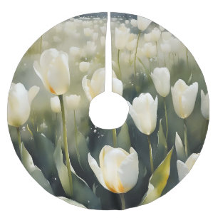 Saia Para Árvore De Natal De Poliéster Lindos tulipas brancas jardim pintura aquarela