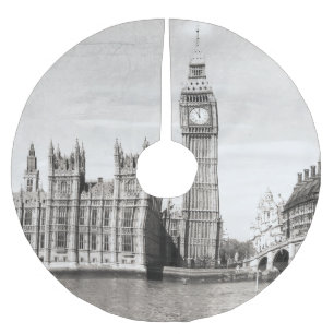 Saia Para Árvore De Natal De Poliéster Londres antiga, preto e branco.
