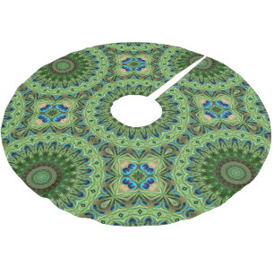 Saia Para Árvore De Natal De Poliéster Mandala de Pena de Pavão Simetria Esmeralda e Azul