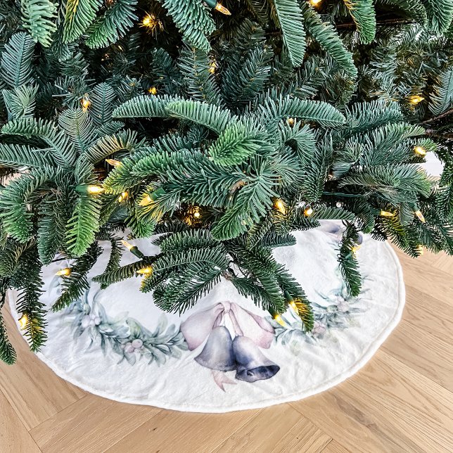 Saia Para Árvore De Natal De Poliéster Mistletoe Silver Balls White (Mistletoe and silver bells christmas tree skirt)