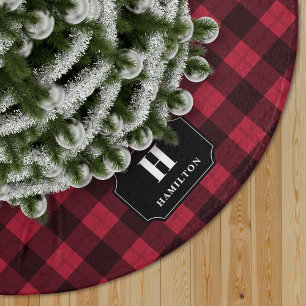 Saia Para Árvore De Natal De Poliéster Monograma da xadrez do búfalo vermelho & preto